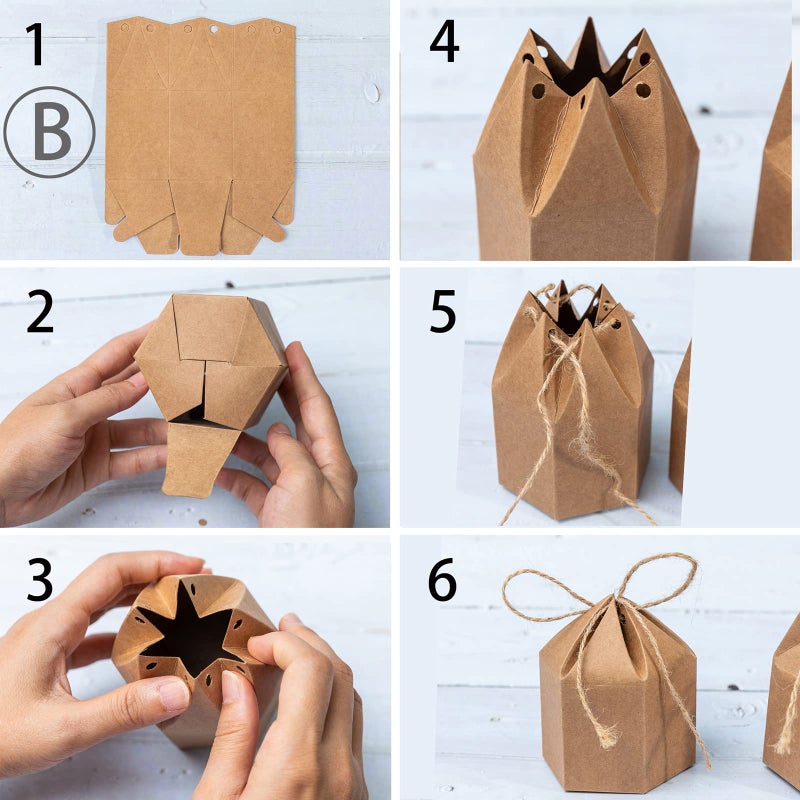 Lamantery Samanter 50Pack Paper Gift Boxes Lantern Hexagon Kraft Paper Package Box with Twine Candy Chocolate Gift Packing Wrap for Wedding Party Christmas Brown - Image 4
